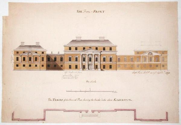 Plan parteru i elewacja willi, 1763 (grafit, tusz, pióro i farba, wash na papierze) autorstwa Stephen Riou