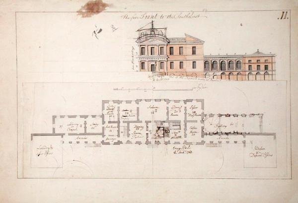 Plan parteru i elewacja willi, 1763 (grafit, pióro, brązowy tusz i wash na papierze) autorstwa Stephen Riou