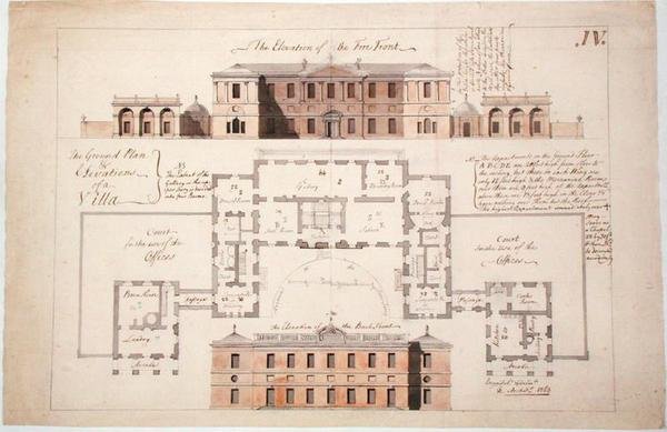 Plan parteru i elewacje okazałej willi, 1770 (grafit, pióro, tusz i wash na papierze) autorstwa Stephen Riou