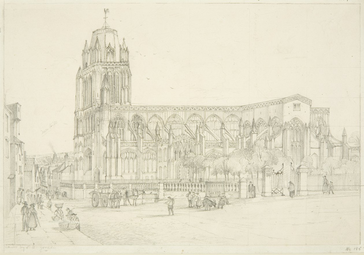 Widok południowy kościoła St Mary Redcliffe, ok. 1835 (ołówek na papierze) autorstwa Stephen C. Jones