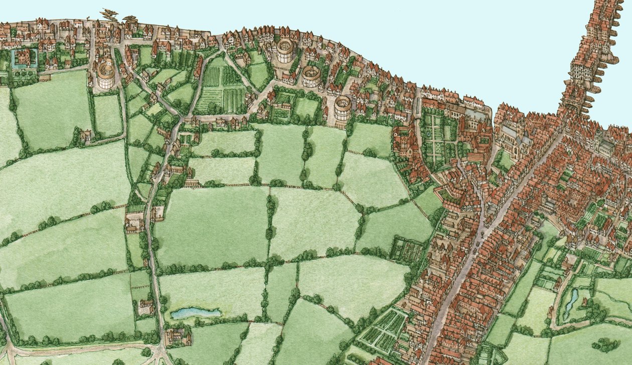 Bankside i Southwark, Londyn, ok. 1600-25, 2021 (tusz i akwarela, technika cyfrowa) autorstwa Stephen Conlin