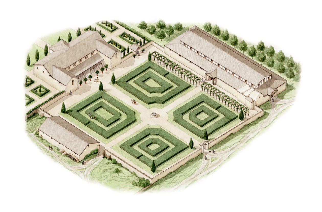 Brading Roman Villa, Isle of Wight (rysunek z 2012 r.), ok. 350-400 (tusz i akwarela) autorstwa Stephen Conlin