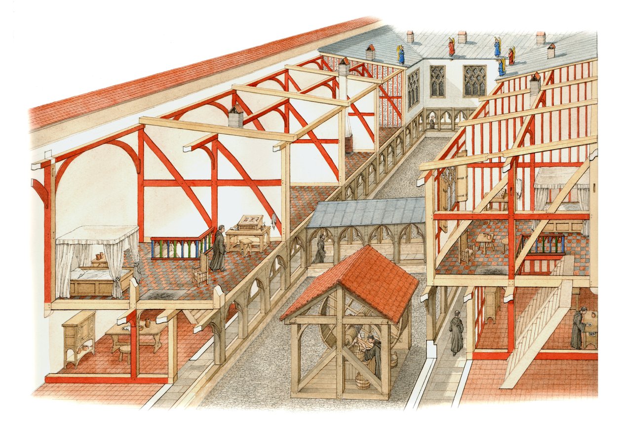 Dwór kanoników, zamek Windsor, ok. 1500-1535 (tusz i akwarela na papierze) autorstwa Stephen Conlin