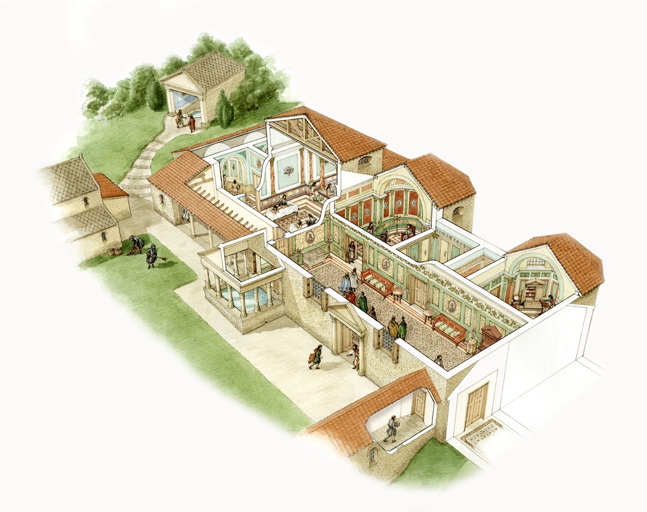 Chedworth Roman Villa, ok. 380-390 r. n.e. (tusz i akwarela na papierze) autorstwa Stephen Conlin