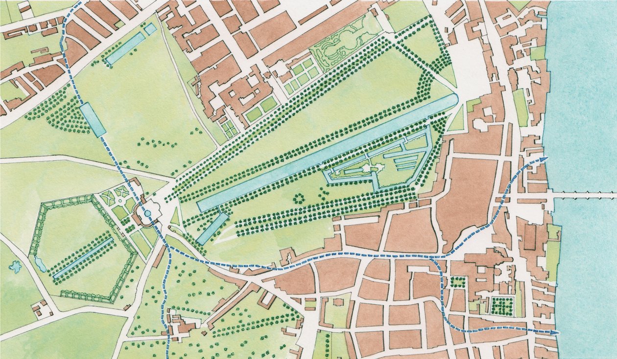 Bieg rzeki Tyburn, Westminster w 1747 roku (tusz i akwarela) autorstwa Stephen Conlin