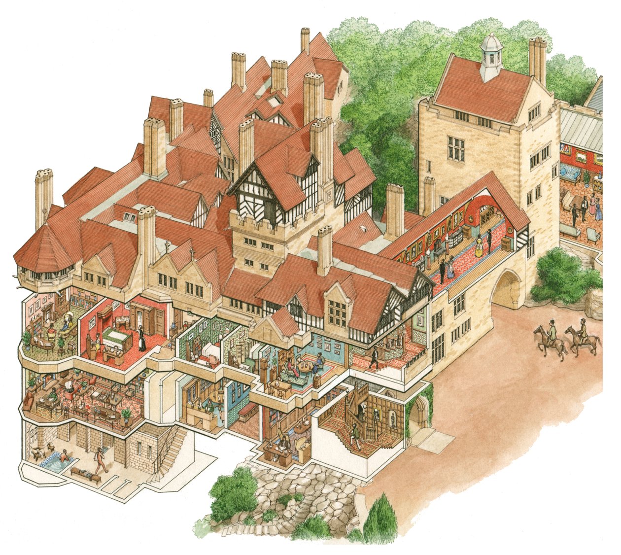 Cragside House, Northumberland, ok. 1872-1900 (tusz i akwarela) autorstwa Stephen Conlin