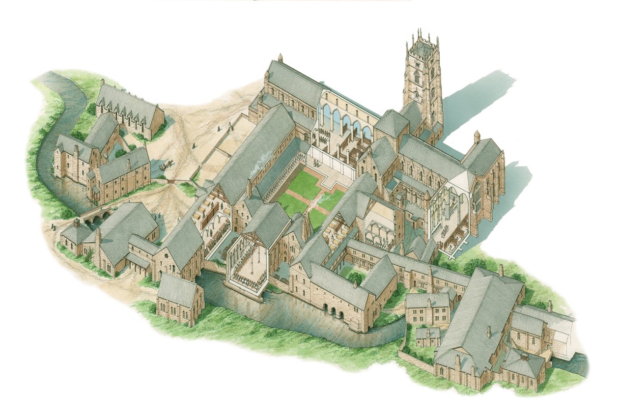 Opactwo Fountains, Yorkshire, ok. 1520-1539 (tusz i akwarela) autorstwa Stephen Conlin