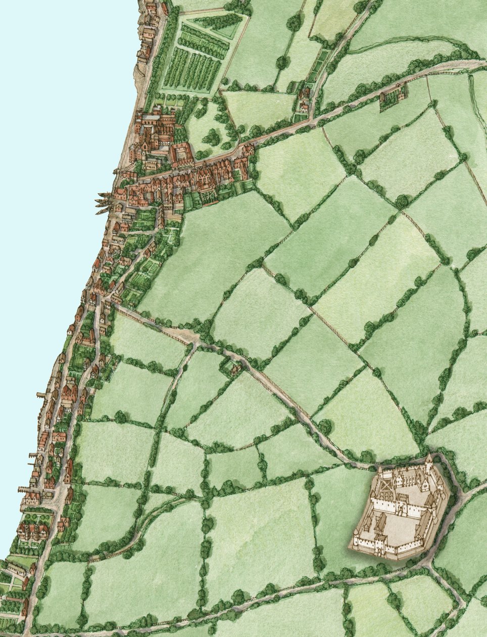Lambeth i Vauxhall ok. 1600 r., z wstawką średniowiecznego zamku Kennington, 2021 r. (tusz i akwarela, cyfrowe) autorstwa Stephen Conlin