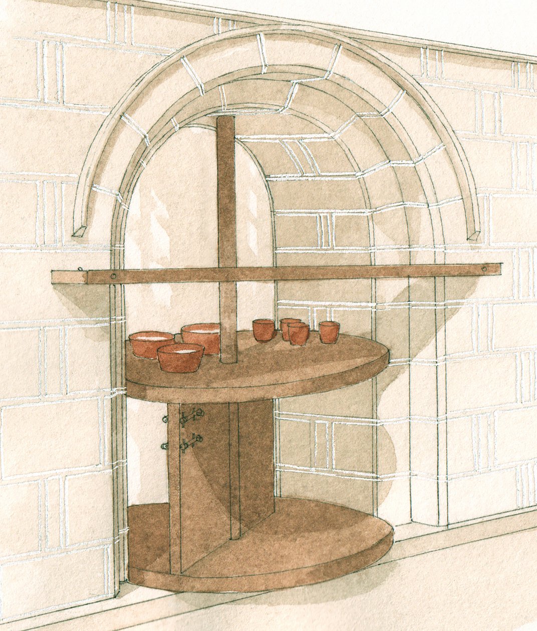 Medieval Servery, Fountains Abbey, Yorkshire, ok. 1200-1520 (rysunek z 2001 r.) (tusz, gwasz i akwarela) autorstwa Stephen Conlin