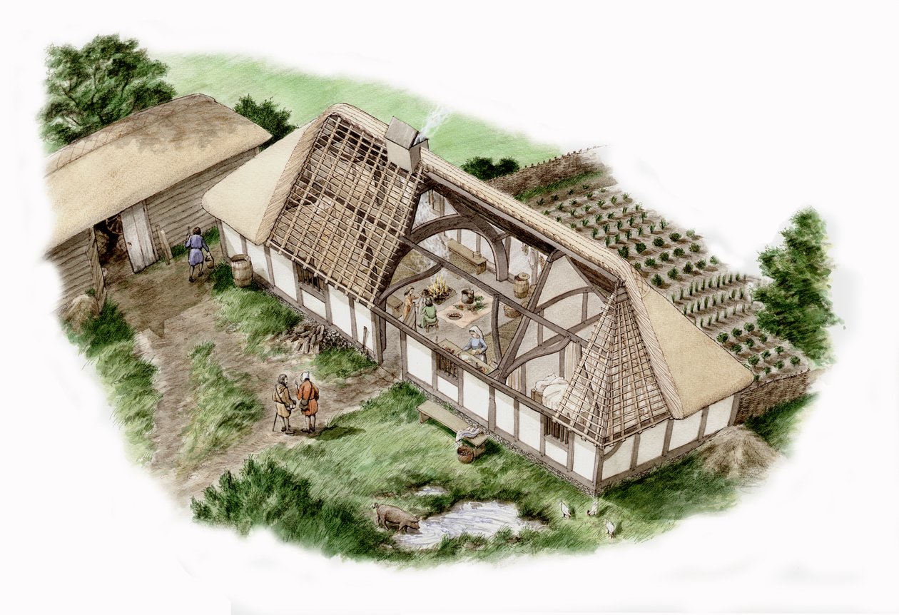 Mill House, Mapledurham, Oxfordshire (rysunek z 2013 r.), ok. 1335-1400 (tusz i akwarela) autorstwa Stephen Conlin