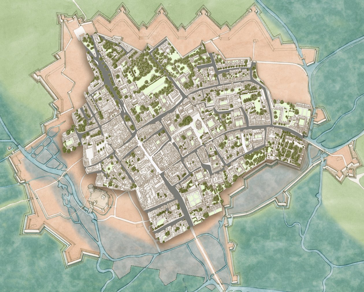 Współczesny Oxford nad obroną z czasów wojny secesyjnej, ok. 1644-1646 (tusz, akwarela, edycja cyfrowa) autorstwa Stephen Conlin