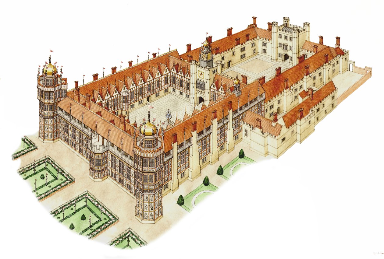 Pałac Nonsuch, Surrey, ok. 1540-1600 (tusz i akwarela) autorstwa Stephen Conlin