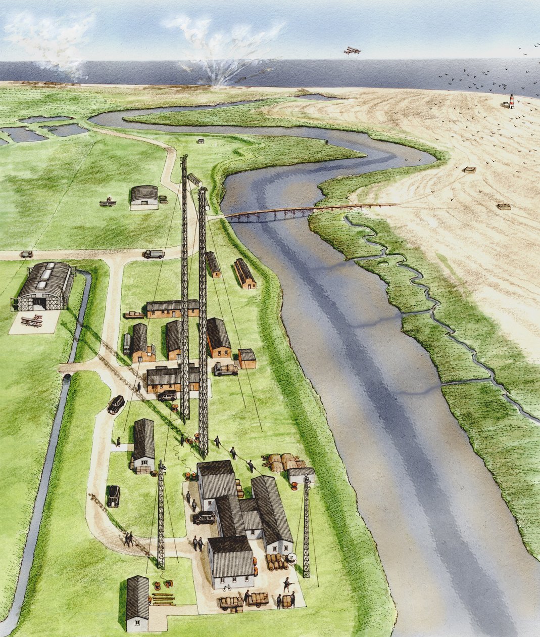 Orford Ness, Suffolk, ok. 1935-1945 (tusz, aerograf, akwarela) autorstwa Stephen Conlin