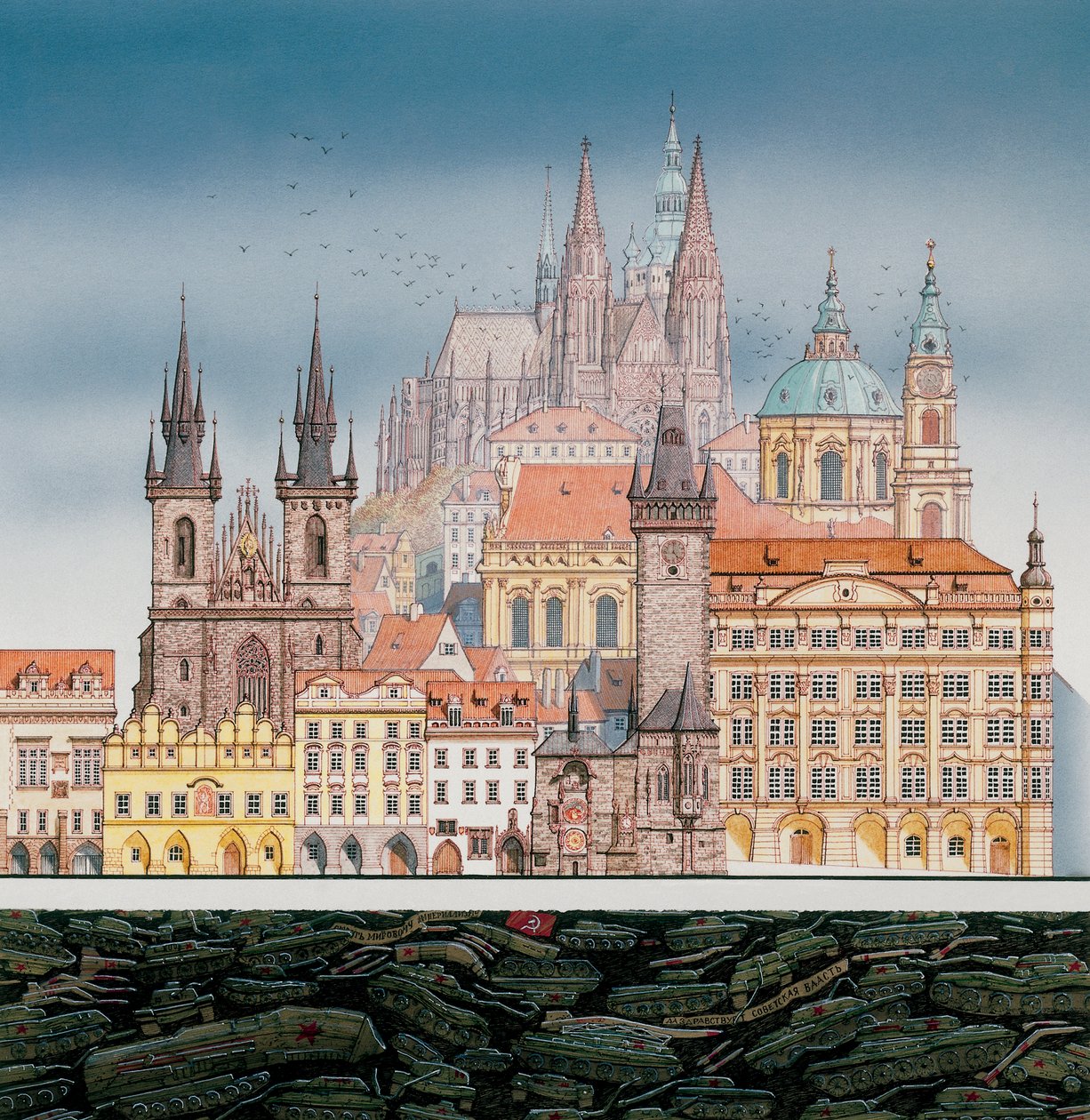 Budynki Pragi i rosyjskie czołgi, ok. 1980-1991 (tusz i akwarela) autorstwa Stephen Conlin