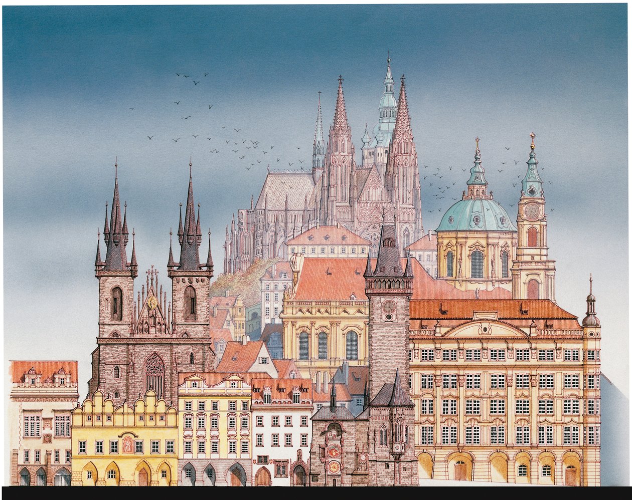 Budynki Pragi, ok. 1900-2023 (tusz i akwarela) autorstwa Stephen Conlin