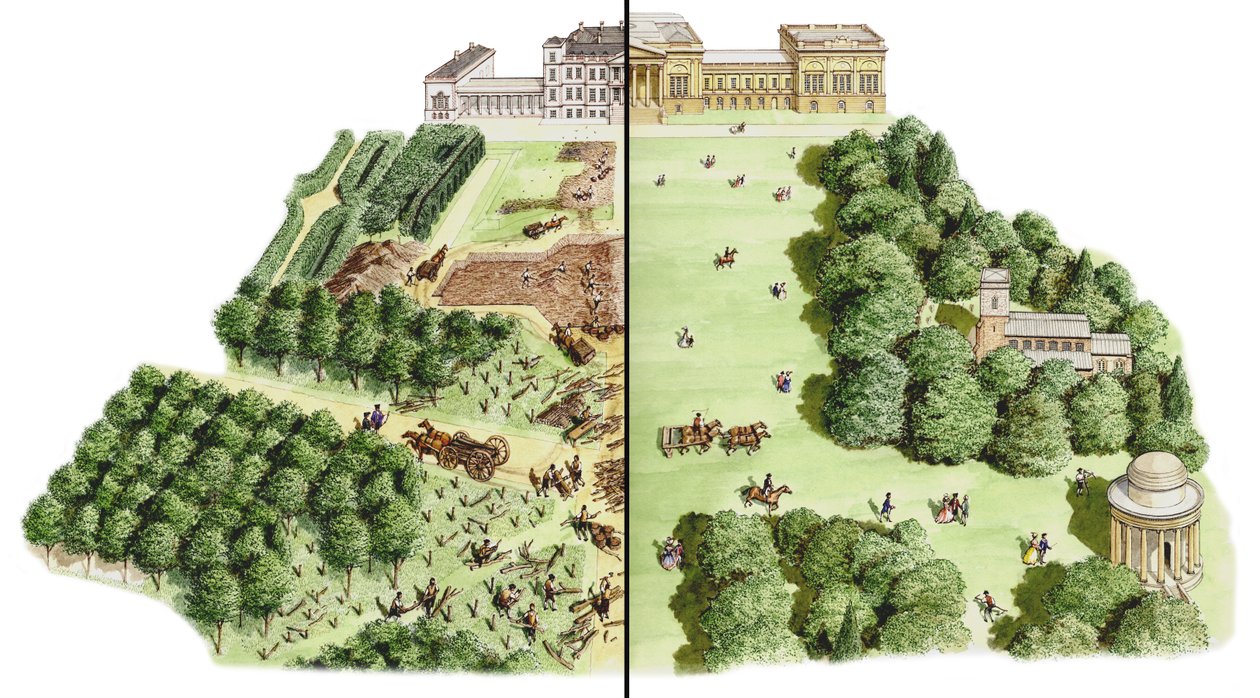 The Development of Stowe Landscape Gardens, Buckinghamshire, ok. 1741-1780 (tusz i akwarela) autorstwa Stephen Conlin
