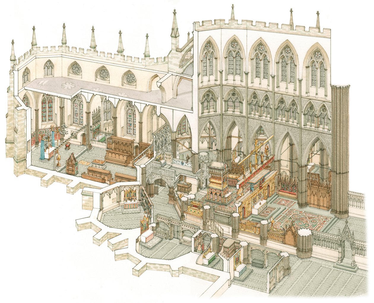 East End of Westminster Abbey na krótko przed reformacją, ok. 1500-1525 (tusz i akwarela) autorstwa Stephen Conlin