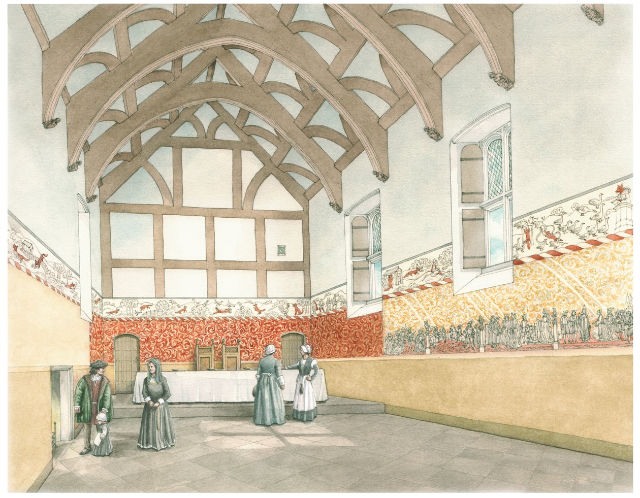 The Great Hall of Cothay Manor, Near Wellington, Somerset, 2016 (tusz i akwarela) autorstwa Stephen Conlin