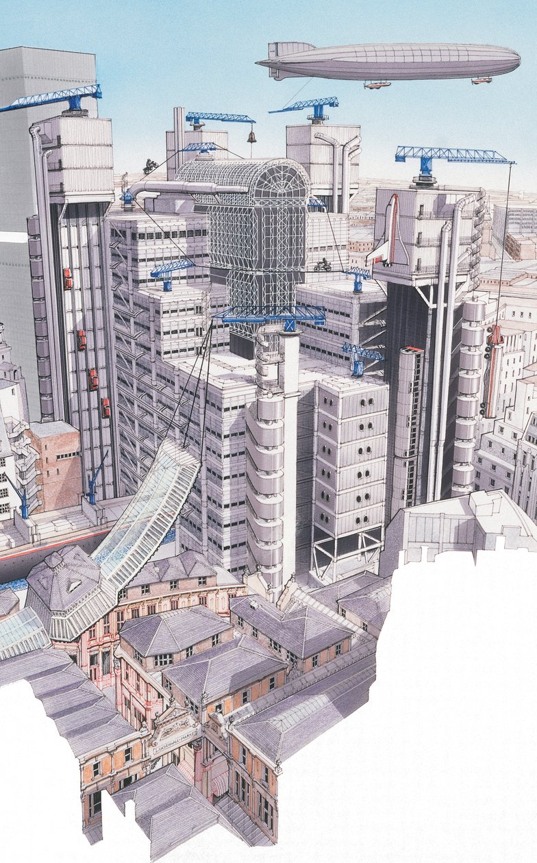 The Lloyds Building, City of London, ok. 1987-1995 (tusz i akwarela) autorstwa Stephen Conlin
