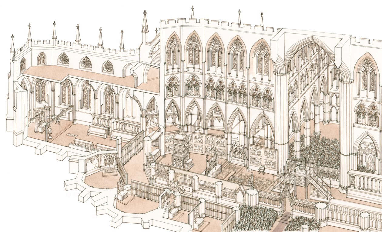 Kwirynał Opactwa Westminsterskiego w czasie koronacji króla Henryka IV w 1399 r., 2023 r. (tusz i akwarela) autorstwa Stephen Conlin