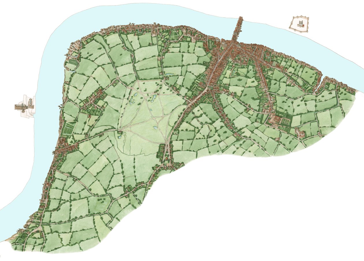 South Bank, Londyn, między Vauxhall i Bermondsey około 1600 r., 2021 r. (tusz i akwarela, technika cyfrowa) autorstwa Stephen Conlin