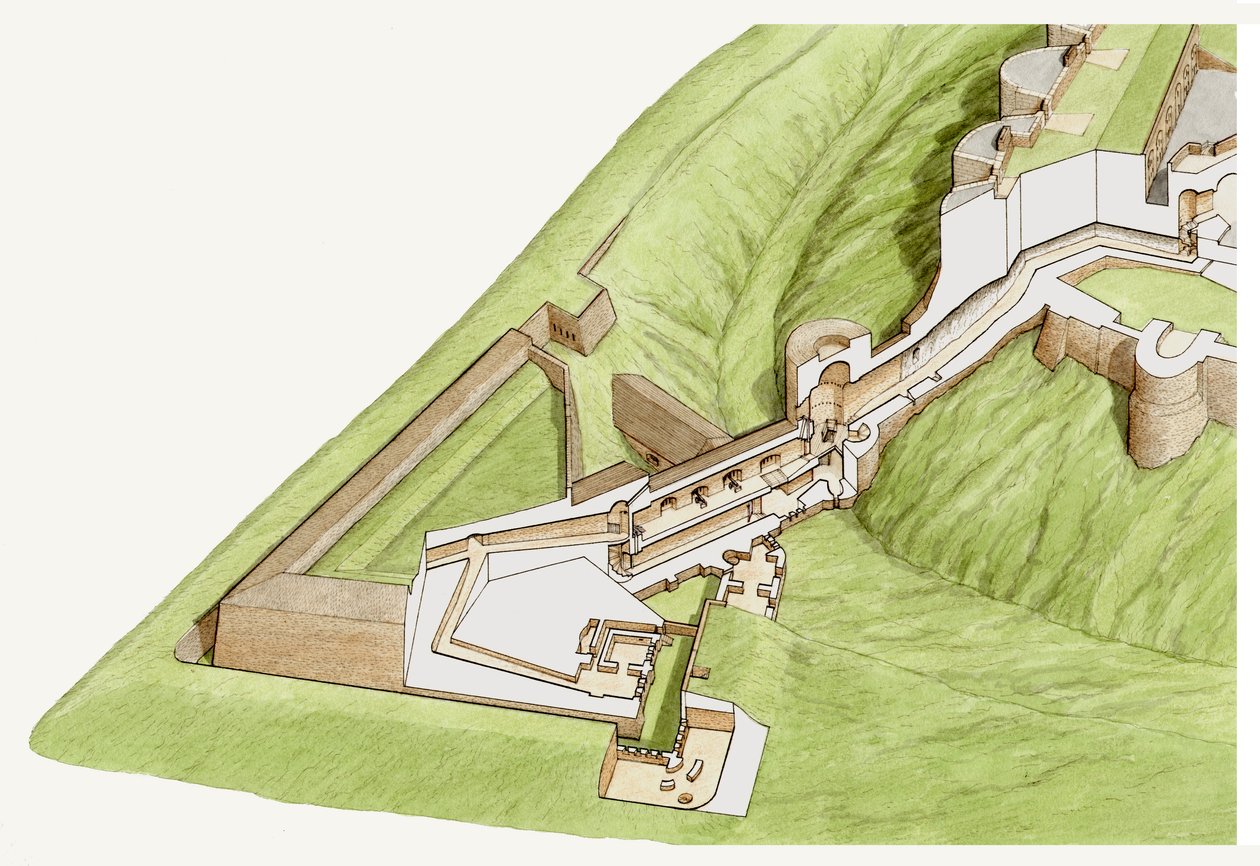 Ostroga, zamek Dover, Kent, ok. 1800-2023 (tusz i akwarela) autorstwa Stephen Conlin