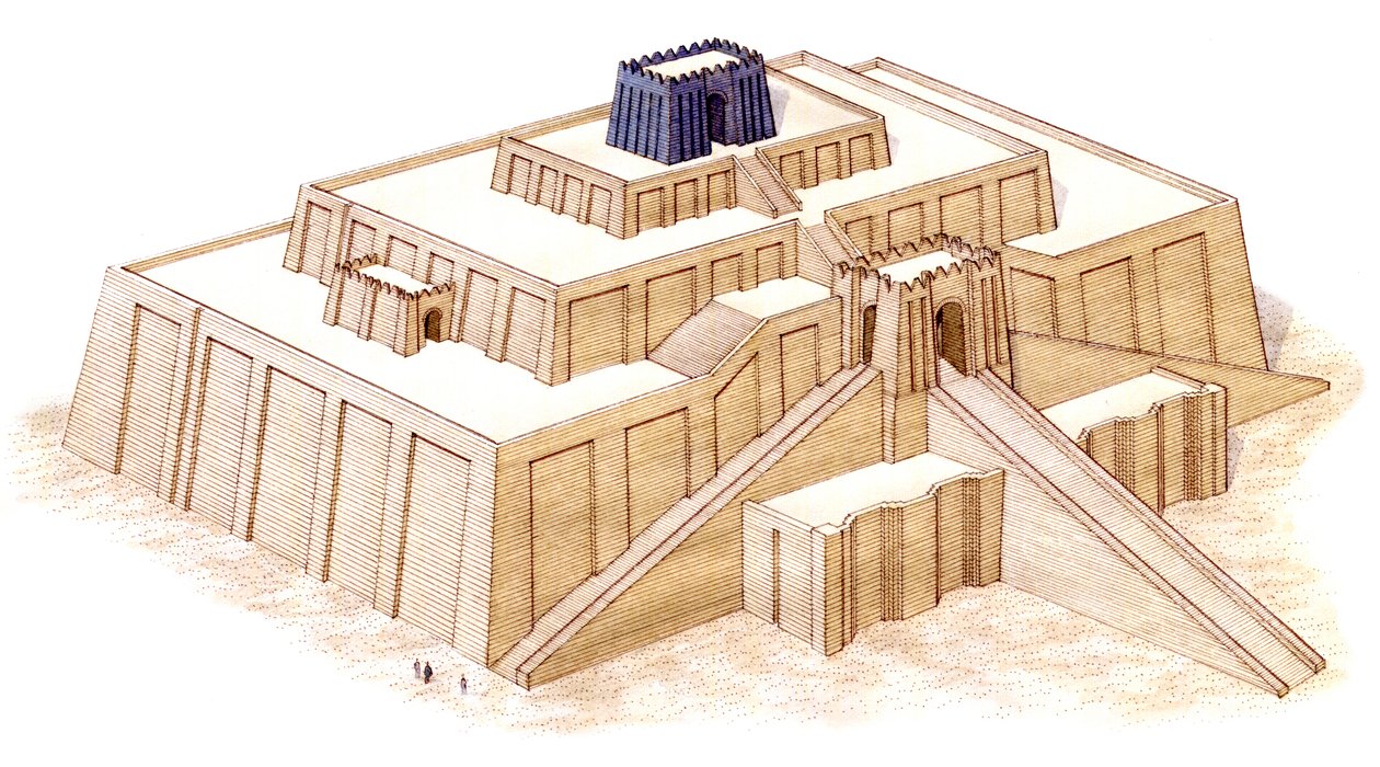 Ziggurat w Ur, przypuszczalna renowacja z VI w. p.n.e. (tusz i akwarela) autorstwa Stephen Conlin