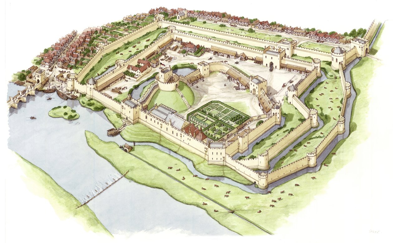 Zamek Wallingford, Oxfordshire, ok. 1300-1399 (tusz i akwarela) autorstwa Stephen Conlin