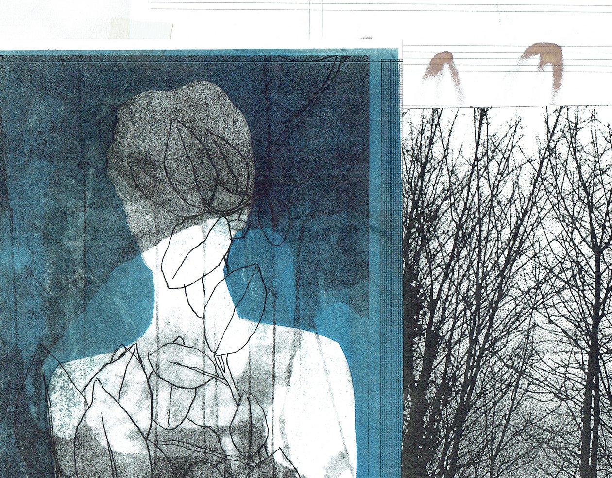 La Foret I, 2016 (monoprint i kolaż) autorstwa Stephen Dow