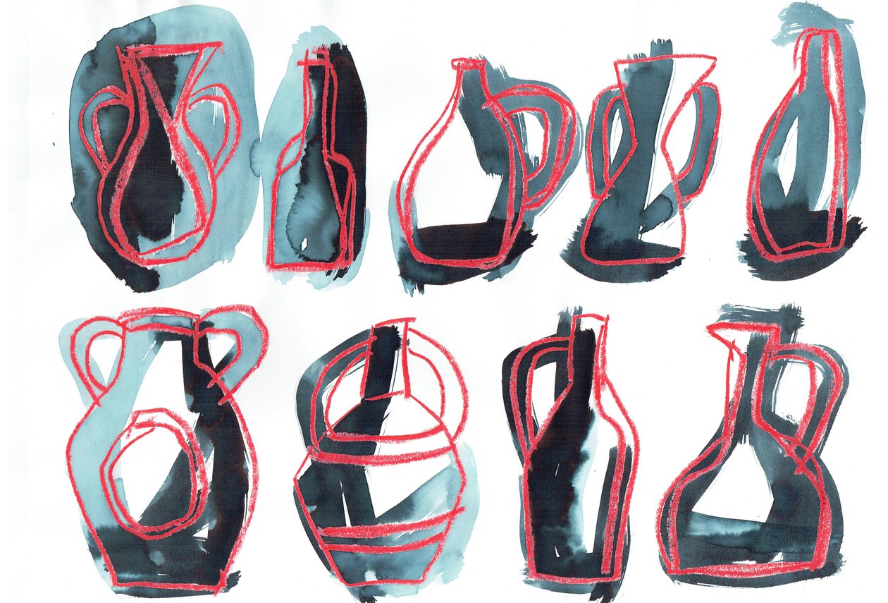 Nine Vessels, 2016 (pastel olejny i barwnik do tkanin na papierze) autorstwa Stephen Dow