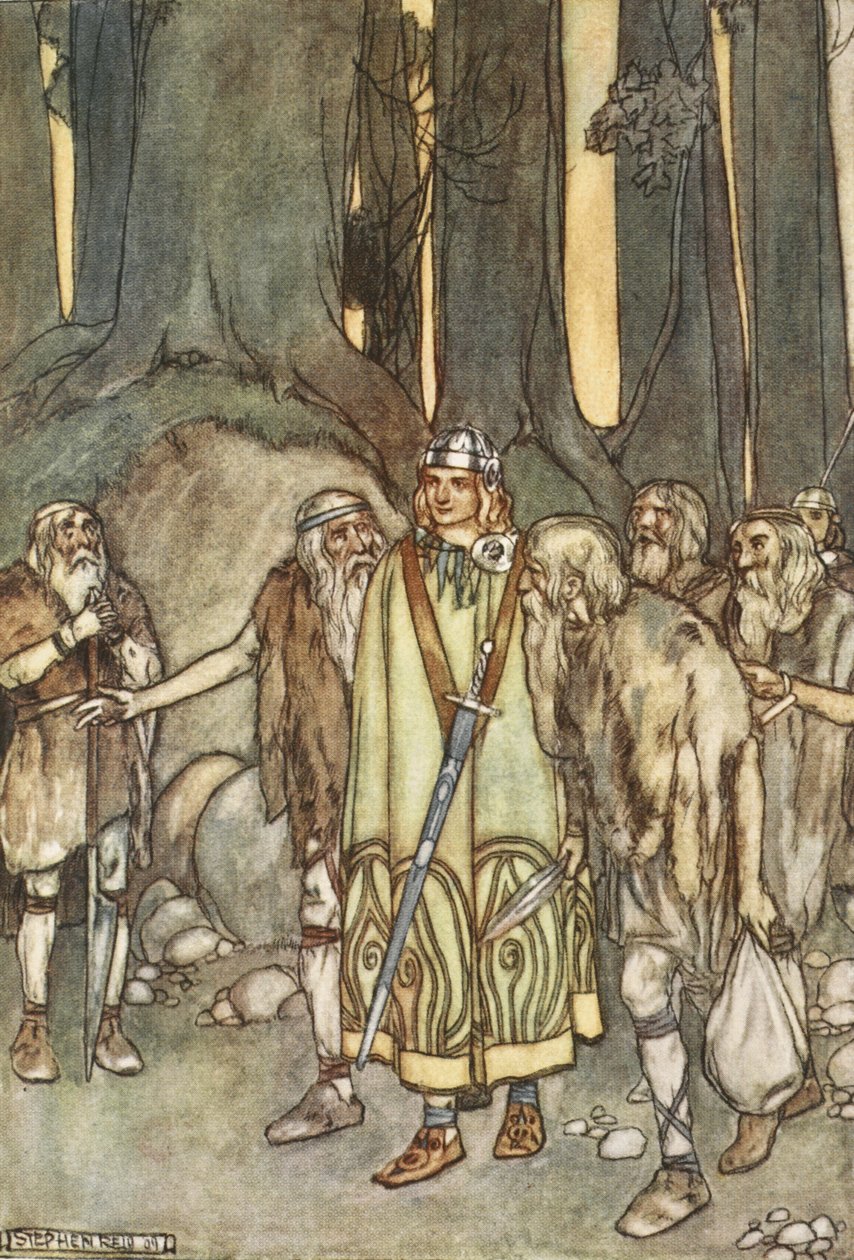 A tej nocy w samotnej chacie było ucztowanie i radość, ilustracja z „Wielkich czynów Finna i innych romansów bardyjskich starożytnej Irlandii” T.W. Rolleston (kolor lito) autorstwa Stephen Reid