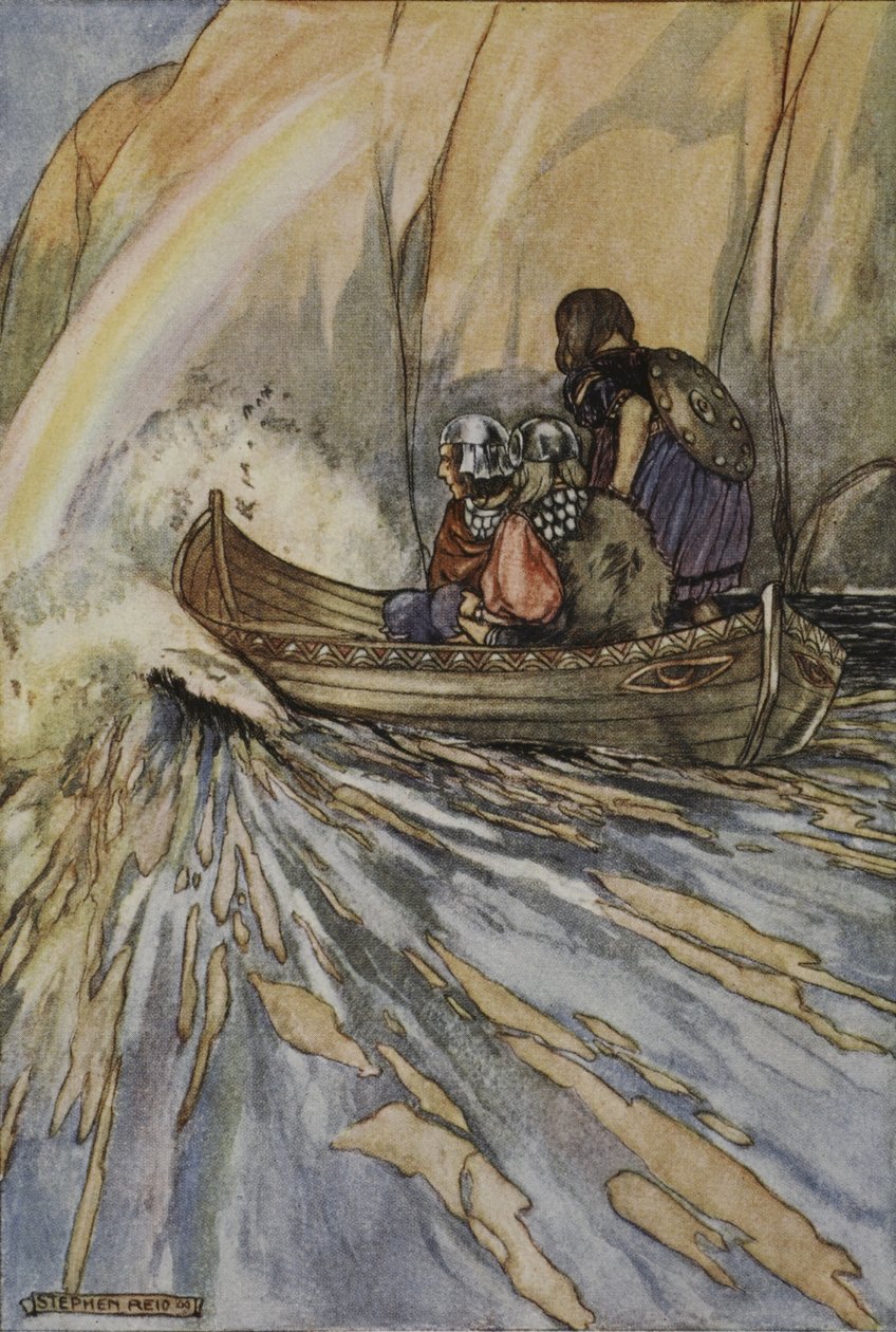 „Zabierz nas szybko, Łódko Mananana, do Ogrodu Hesperydów, ilustracja z „Wielkich czynów Finna i innych bardyjskich romansów starożytnej Irlandii” autorstwa T.W. Rolleston (kolor lito) autorstwa Stephen Reid