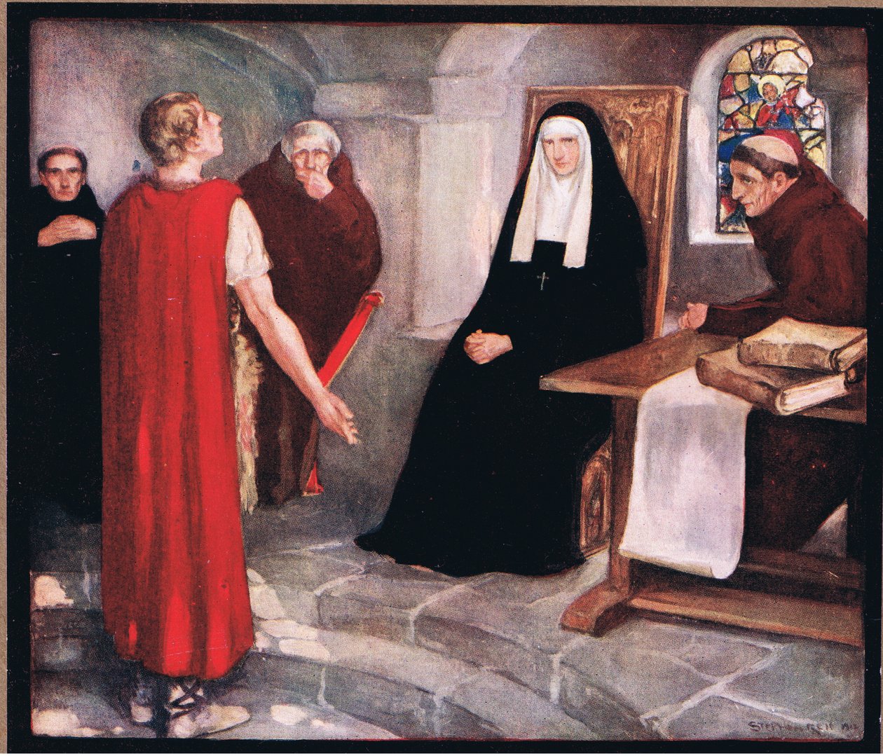 Caedmon przed Świętą Hildą (kolor lito) autorstwa Stephen Reid