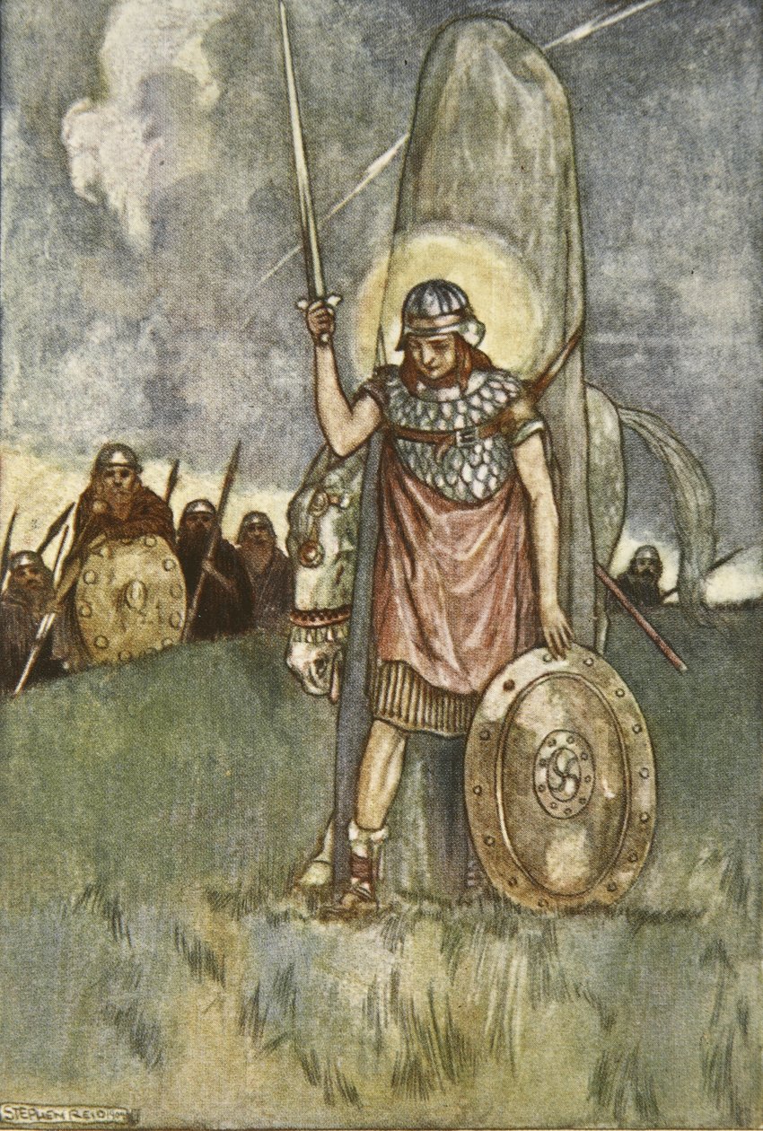 Cuchulain w końcu umiera, ilustracja z „Cuchulain, The Hound of Ulster” Eleanor Hull (1860-1935) autorstwa Stephen Reid