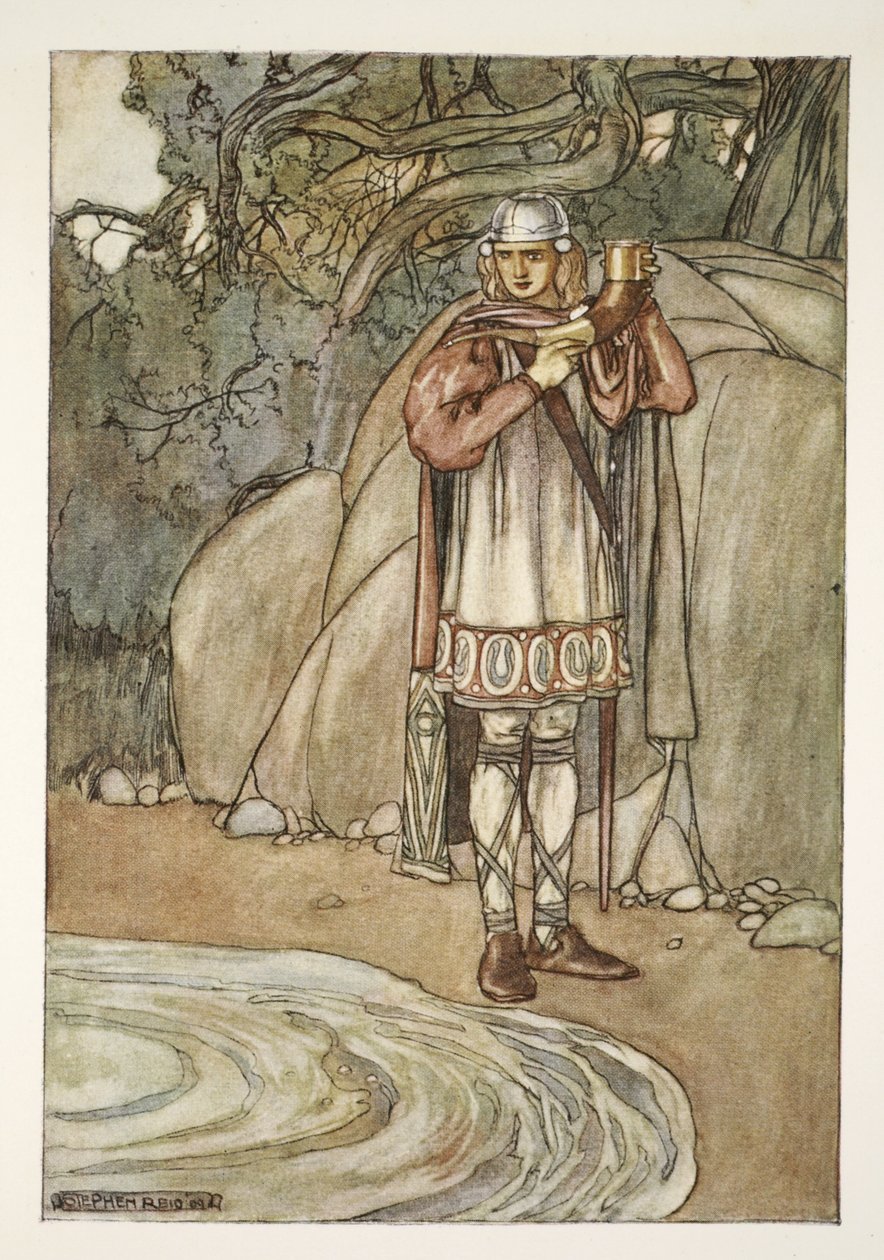 Dermot wziął róg i napełniłby go, ilustracja z „Wielkich czynów Finna i innych romansów bardyjskich starożytnej Irlandii” autorstwa T.W. Rolleston (kolor lito) autorstwa Stephen Reid