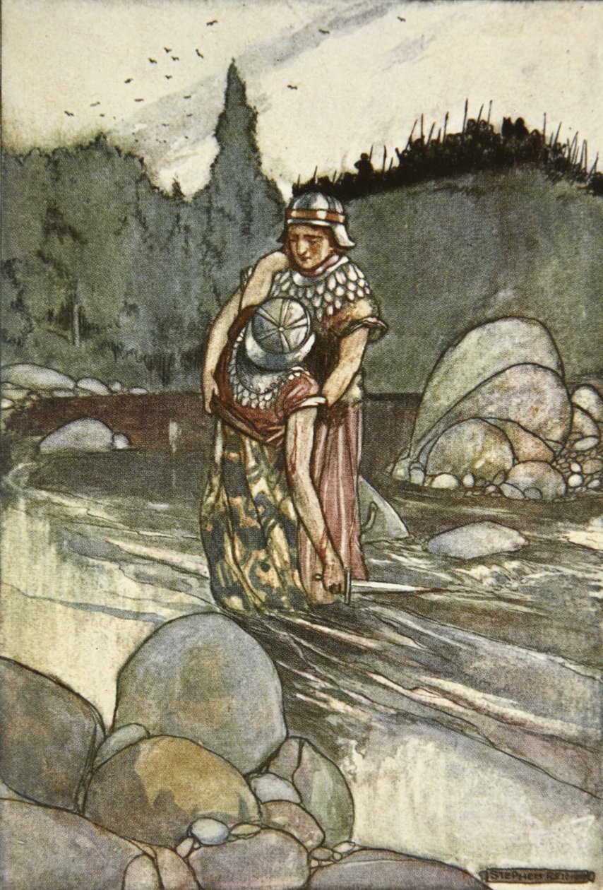 Ferdia spada z ręki Cuchulaina, ilustracja z „Cuchulain, pies z Ulsteru”, autorstwa Eleanor Hull (1860-1935) autorstwa Stephen Reid