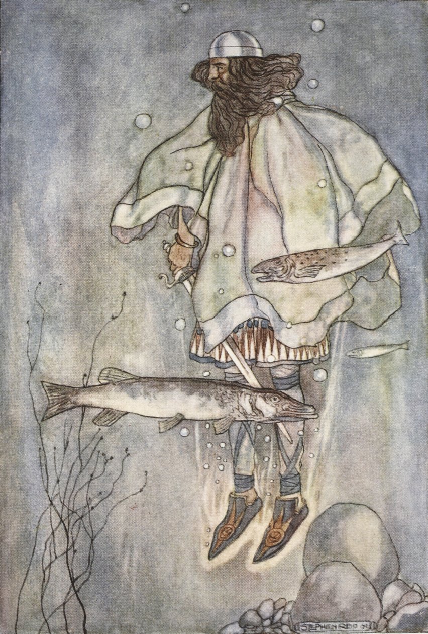 Fergus schodzi do jeziora, ilustracja z „The High Deeds of Finn and other Bardic Romances of Ancient Ireland” T.W. Rolleston (kolor lito) autorstwa Stephen Reid