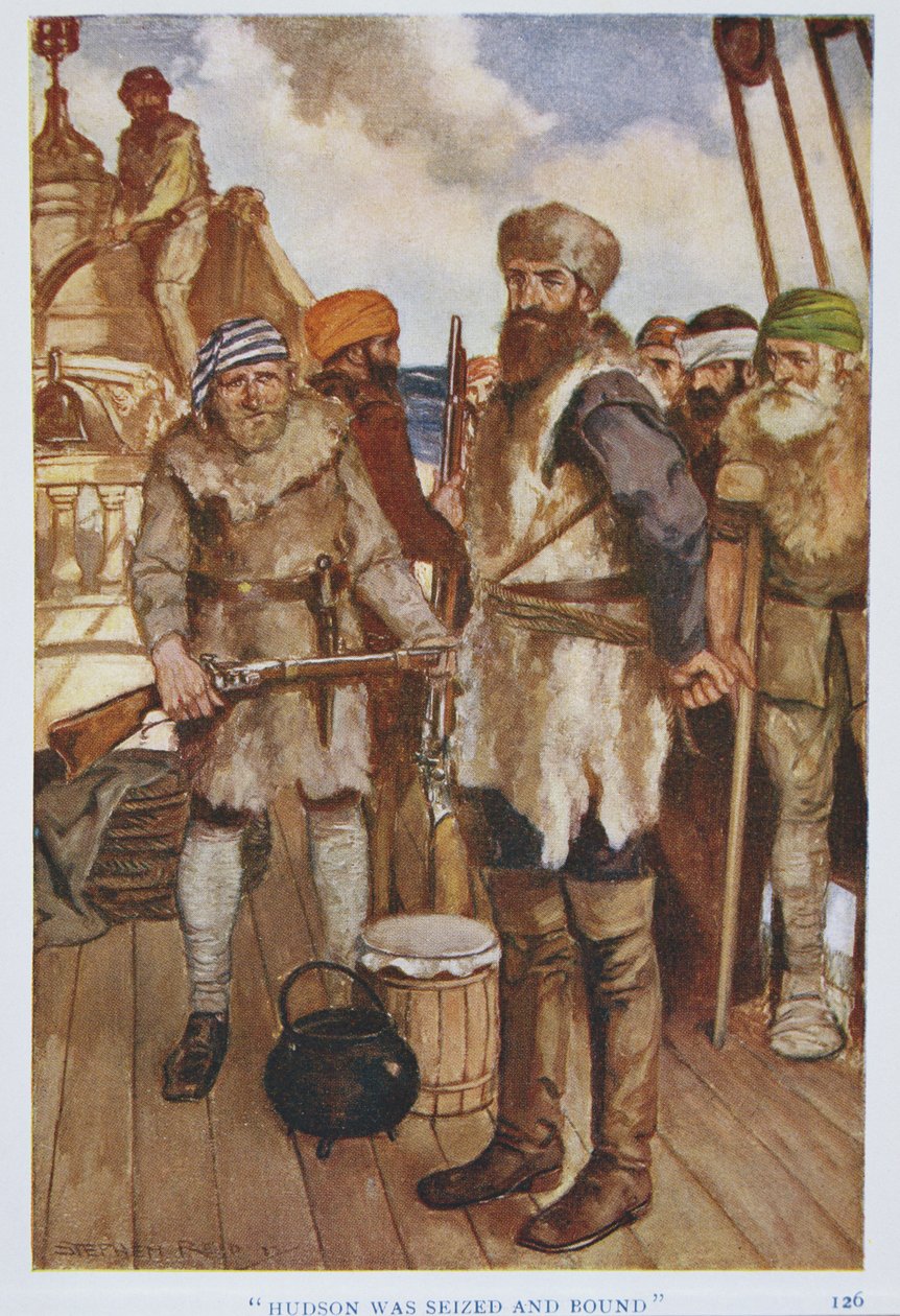 Hudson został schwytany i związany, ilustracja z „Księgi odkryć” autorstwa T.C. Mosty, wydana 1931 (kolor lito) autorstwa Stephen Reid