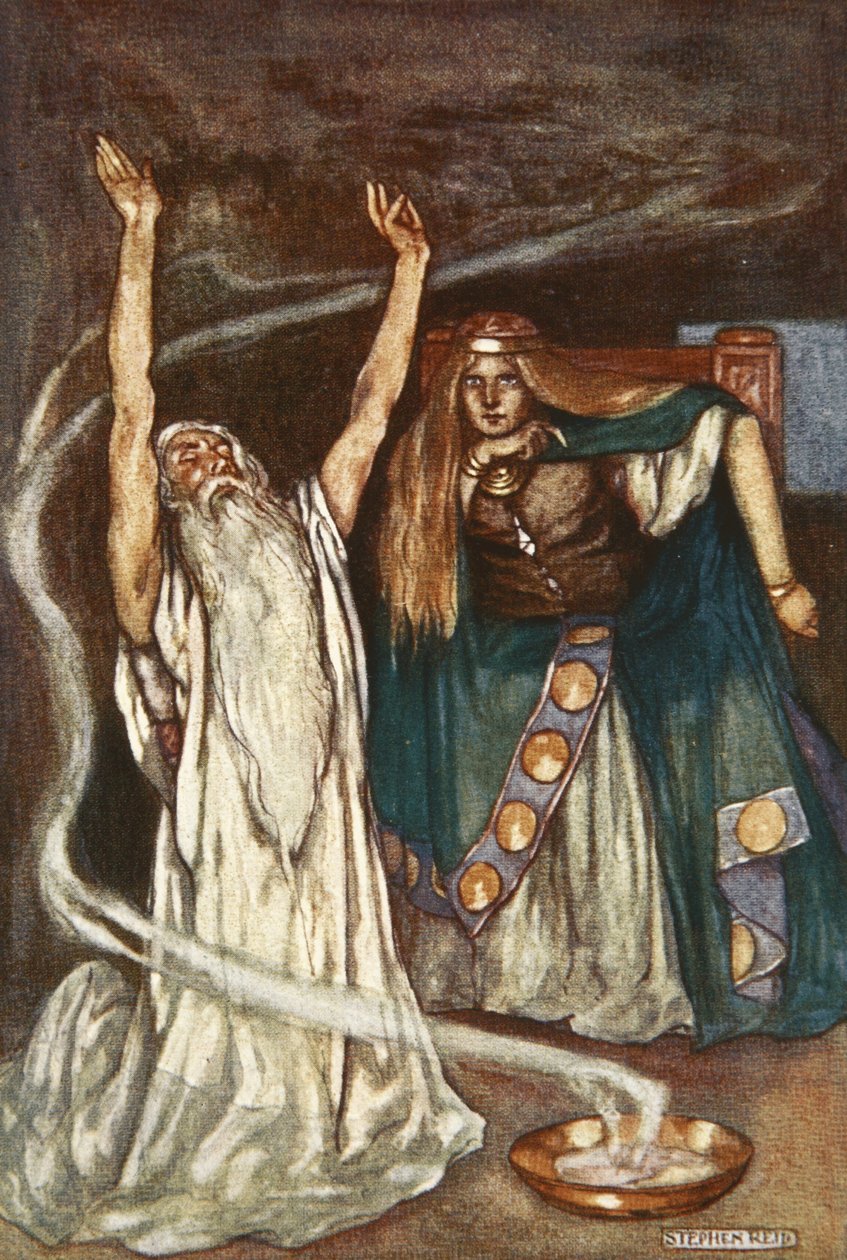 Królowa Maeve i Druid, ilustracja z „Cuchulain, The Hound of Ulster” Eleanor Hull (1860-1935) autorstwa Stephen Reid
