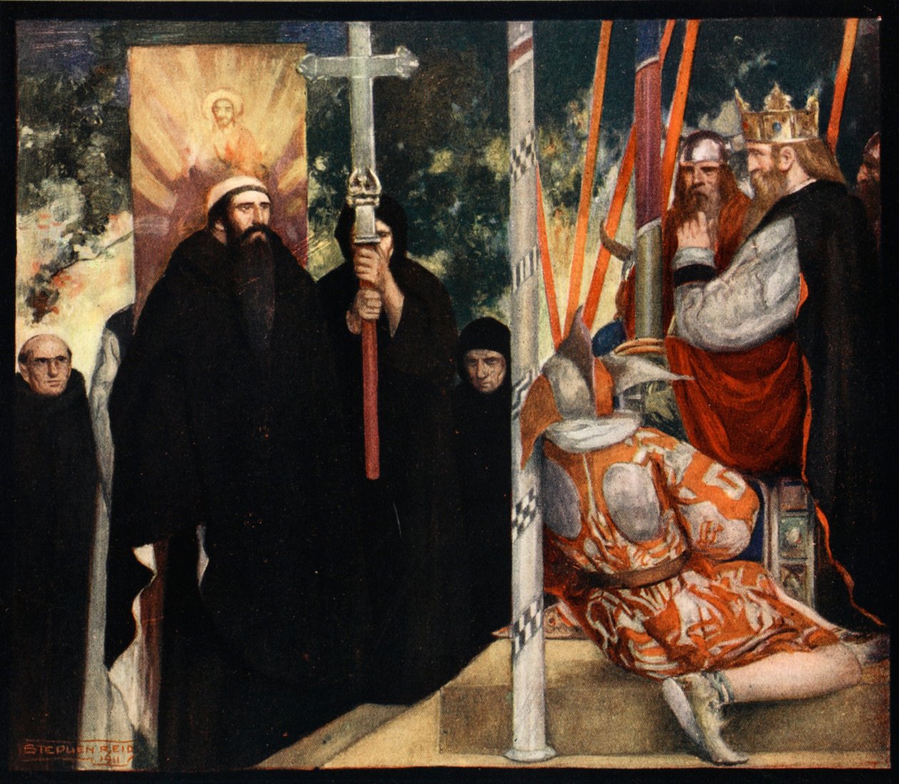Przyjęcie św. Augustyna przez Ethelberta, ilustracja z „Potężnej armii” Winifred M. Letts, wyd. 1912 (kolor lito) autorstwa Stephen Reid
