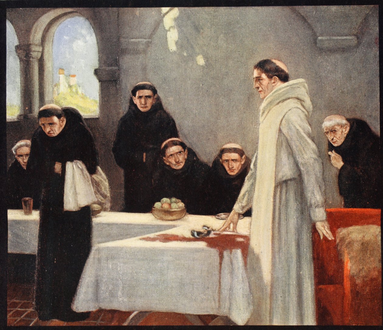 Święty Benedykt i mnisi, ilustracja z „Helmet & Cowl: Stories of Monastic and Military Orders” W.M. Letts i MFS Lets autorstwa Stephen Reid