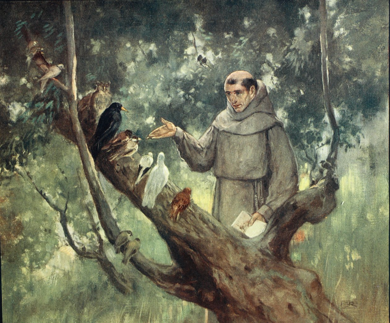 Święty Franciszek przemawia do ptaków, ilustracja z „Helmet & Cowl: Stories of Monastic and Military Orders” W.M. Letts i MFS Lets autorstwa Stephen Reid