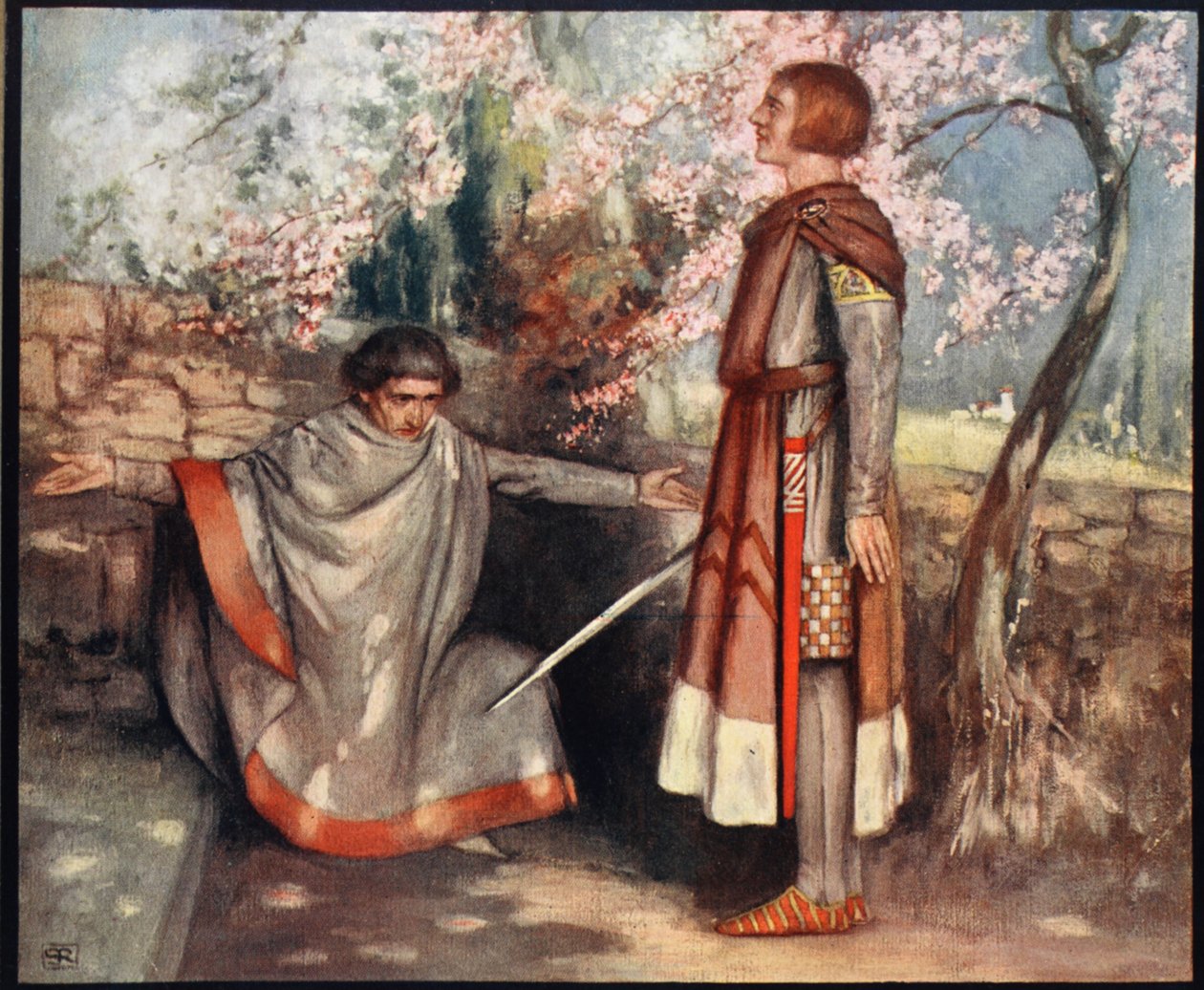 Święty Giovanni Gualberto i morderca, ilustracja z „Helmet & Cowl: Stories of Monastic and Military Orders” W.M. Letts i MFS Lets autorstwa Stephen Reid
