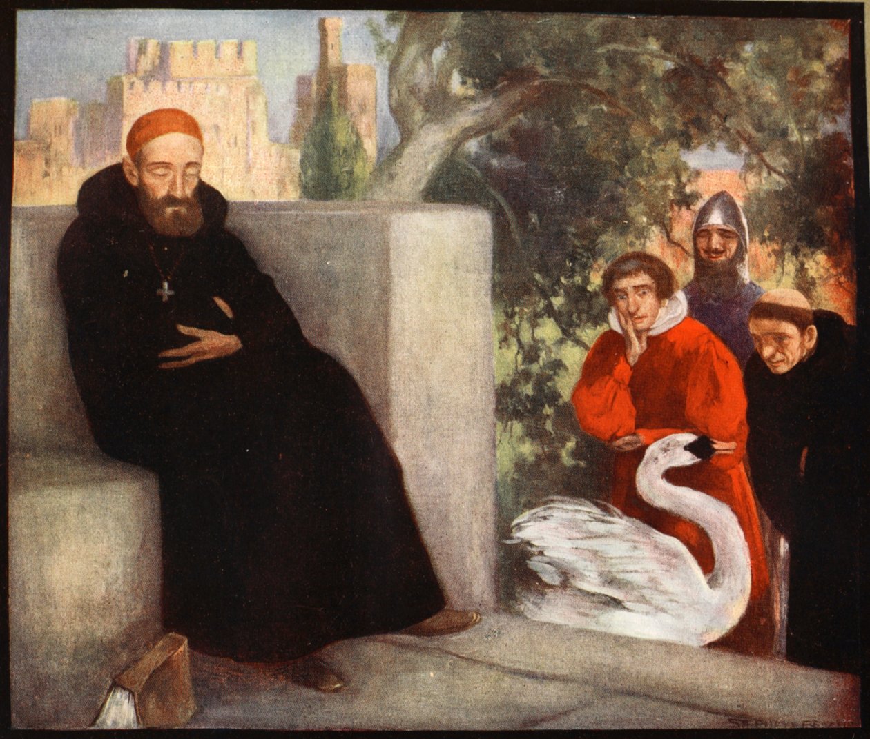 Święty Hugh z Lincoln i łabędź, ilustracja z „Potężnej armii” Winifred M. Letts, wyd. 1912 (kolor lito) autorstwa Stephen Reid