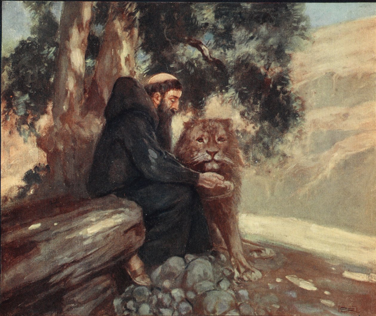 Święty Hieronim i Lew, ilustracja z „Helmet & Cowl: Stories of Monastic and Military Orders” W.M. Letts i MFS Lets autorstwa Stephen Reid