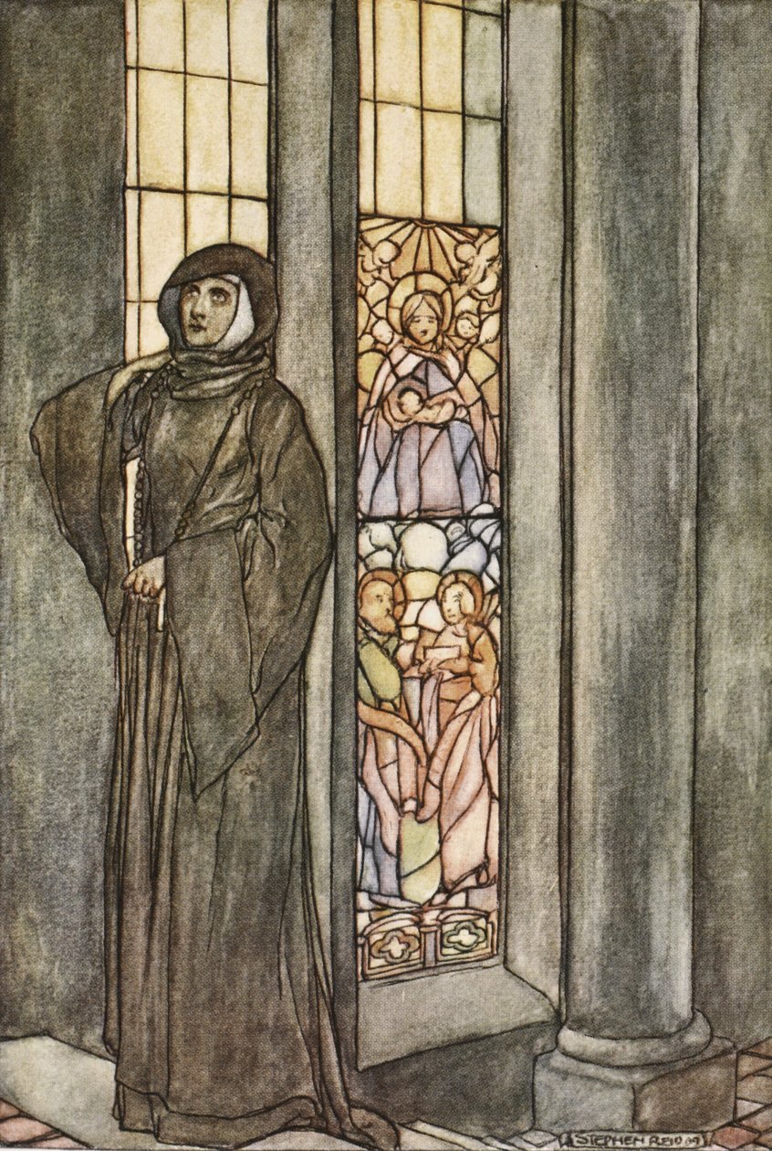 Słyszała, jak jej własne imię wykrzykuje się raz po raz, ilustracja z „Wielkich czynów Finna i innych bardycznych romansów starożytnej Irlandii” autorstwa T.W. Rolleston (kolor lito) autorstwa Stephen Reid