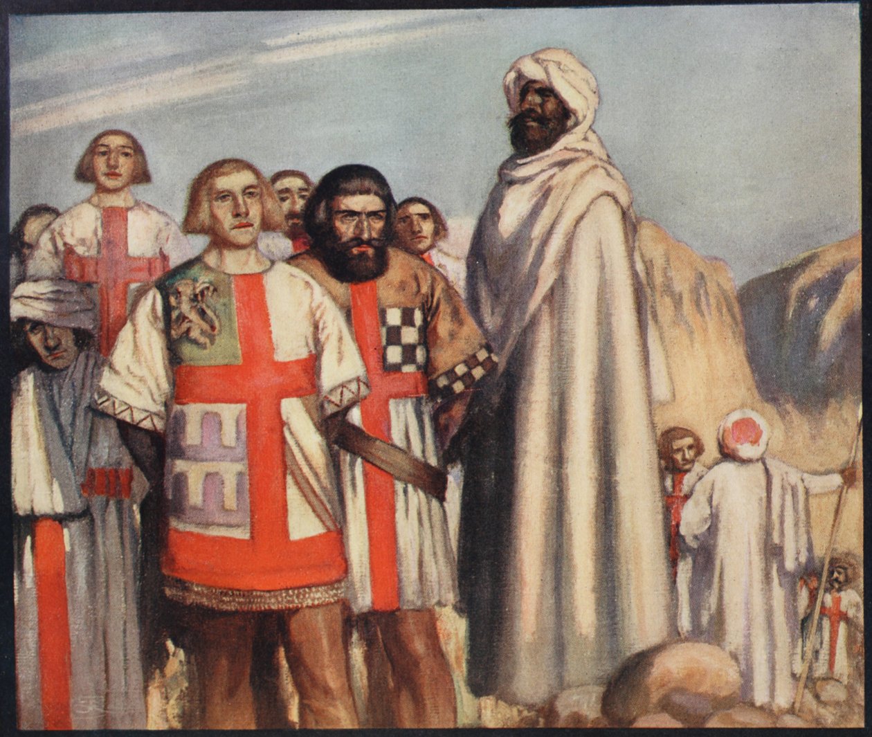 Rycerze Czerwonego Krzyża w mocy Saladyna, ilustracja z „Helmet & Cowl: Stories of Monastic and Military Orders” W.M. Letts i MFS Lets autorstwa Stephen Reid