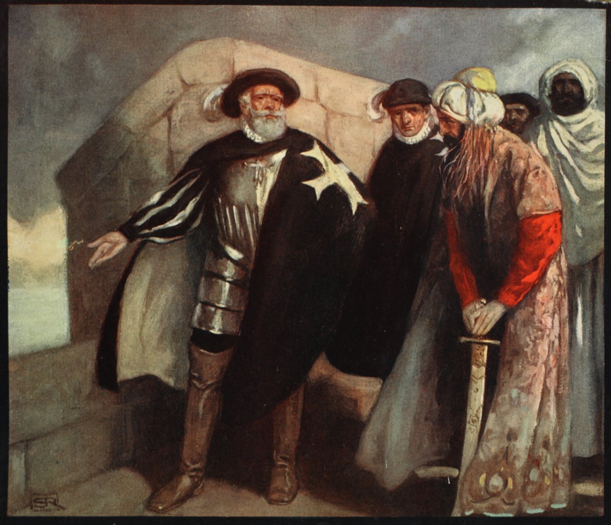 Rycerze Białego Krzyża w forcie św. Anioła, ilustracja z „Helmet & Cowl: Stories of Monastic and Military Orders” W.M. Letts i MFS Lets autorstwa Stephen Reid