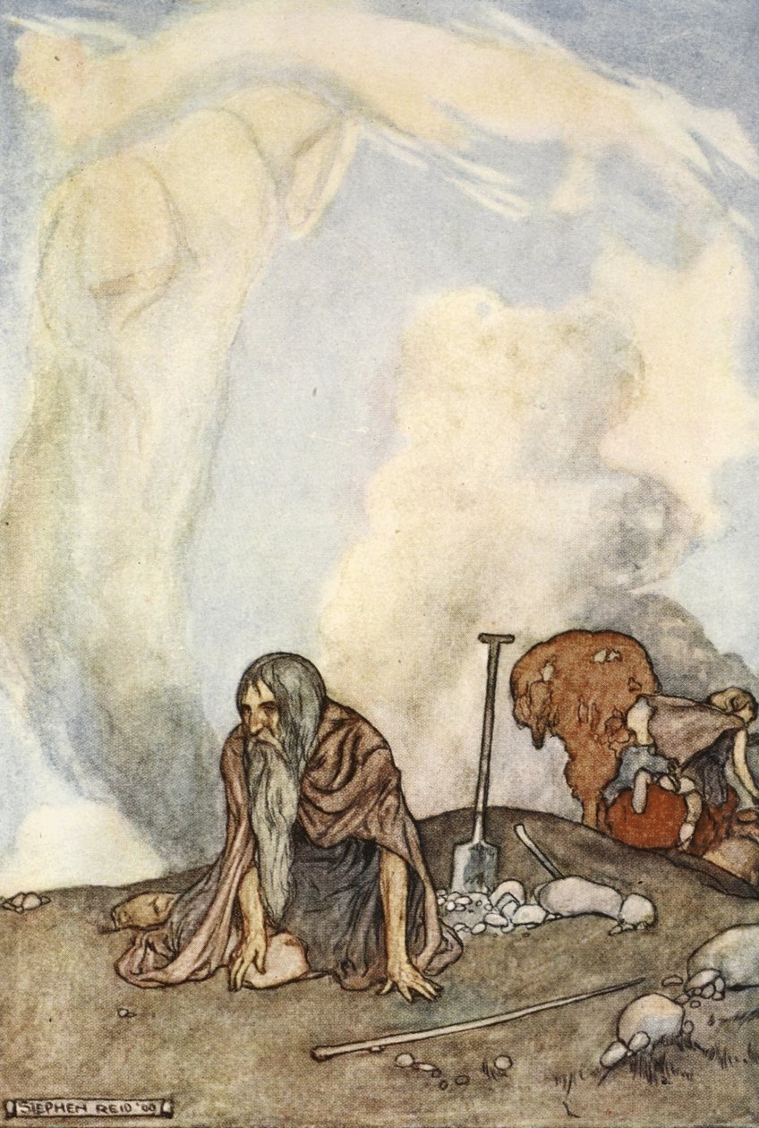 Biały wierzchowiec zniknął im z oczu jak mglisty wieniec, ilustracja z „Wielkich czynów Finna i innych bardyjskich romansów starożytnej Irlandii” autorstwa T.W. Rolleston (kolor lito) autorstwa Stephen Reid