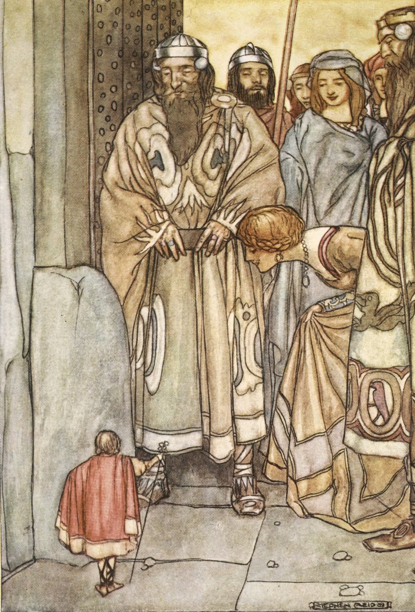 Wszyscy wyszli, panowie i damy, aby zobaczyć małego człowieka, ilustrację z „Wielkich czynów Finna i innych romansów bardyjskich starożytnej Irlandii” autorstwa T.W. Rolleston (kolor lito) autorstwa Stephen Reid